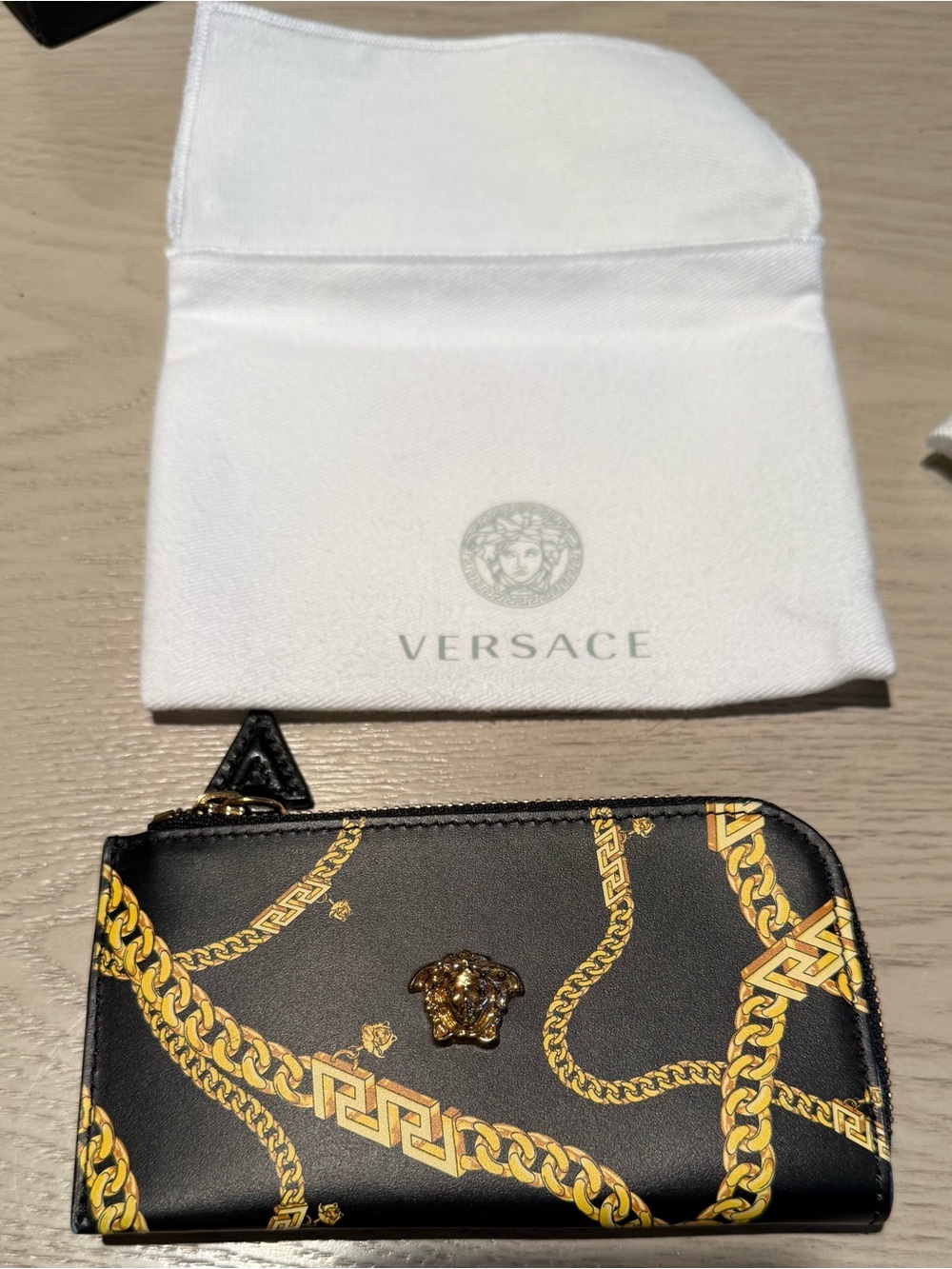 Versace Black Leather Zip Coin Card Case with Gold Chain Print